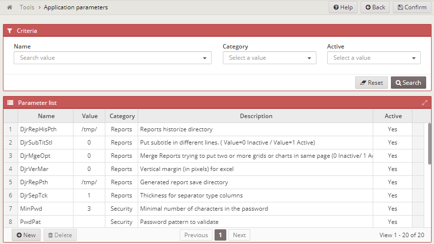 Application parameters screen